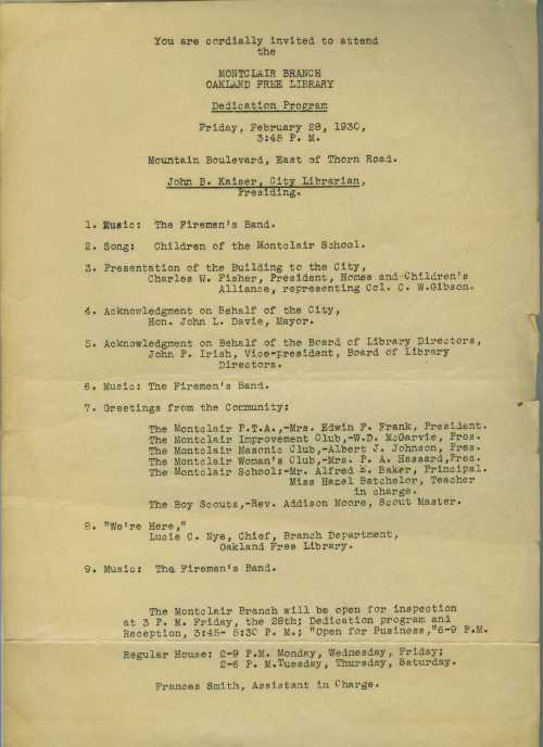 Program from Montclair Library's dedication February 28, 1930