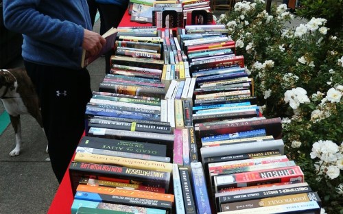 Browsing the fiction section at our May 2016 book sale.