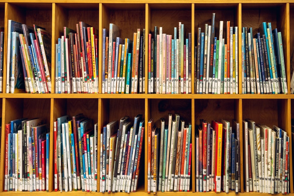 Children's books on shelf, photo by Vlad Vasnetsov from Pixabay