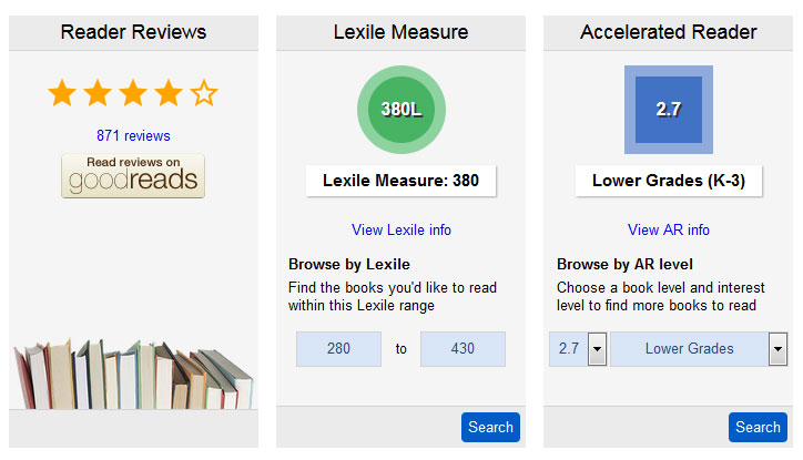 Screenshot of Lexile Measure and Accelerated Reader Level info in the OPL catalog